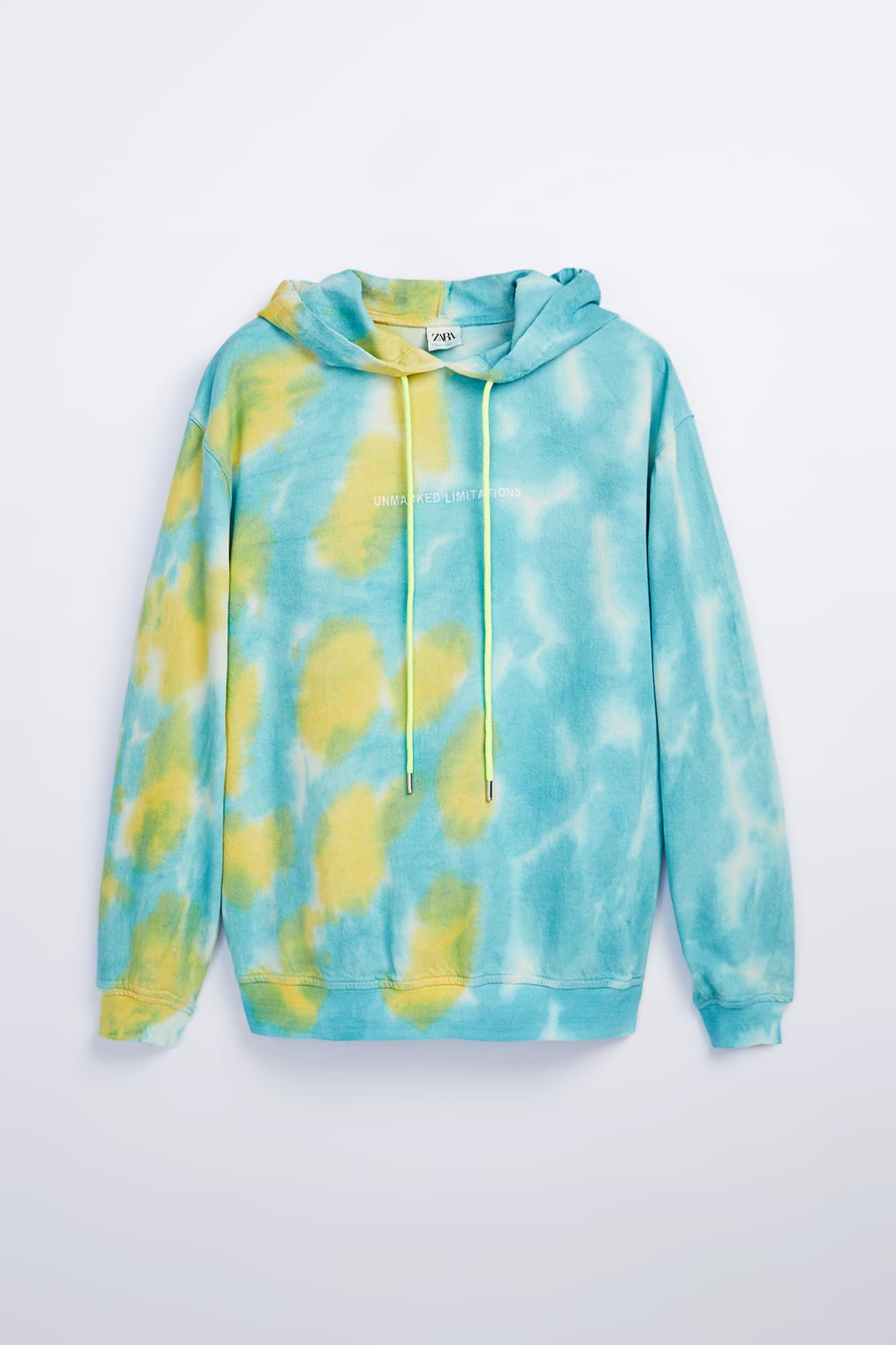 Zara LIME - 0840/302, TIE-DYE SWEATSHIRT (Loose-fitting hoodie with an adjustable hood, long sleeves, slogan embroidery detail and ribbed trims)