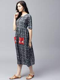 AKS Grey Printed and Flare Dress for Women (Round neck, Short sleeves, Button closure, Flared hem, Cotton Blend Fabric, Grey colour)