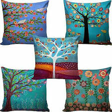 Cidizy Cushion Covers Jute Tree Floral Print  (Set of 5, Multicolour, Size 16x16 Inch, Digital Printed, Jute material front, Dupion Silk back, Zip closure, Hand wash only)