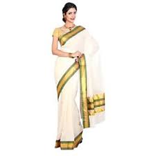 HNC Retail Striped Kanjivaram Poly Silk Saree (Cotton Blend, White and Gold, Casual, Party, Festival wear )