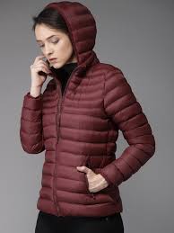 HERE&NOW Solid Women Padded Jacket Maroon  (100% polyamide Material, Full Sleeve, Zipper closure, Detachable hood, Two pockets, Regular Machine Wash)