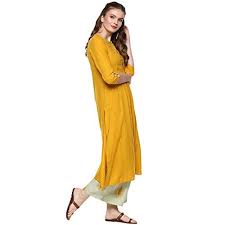 Idalia  Mustard and Sage Green Cotton Kurta Set for Women (Round neck, Three quarter sleeves, Thread & Tassel detailing, Printed Palazzo pants.)