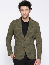 Jack & Jones Notch Lapel Collar Cotton Blazer for Men (Olive Green Printed, Long Sleeve, Slim Fit, Casual Blazer)