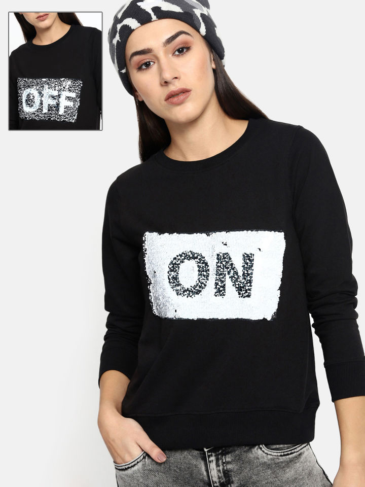 Kook N Keech Women Embellished Pullover Sweatshirt (Black Solid)